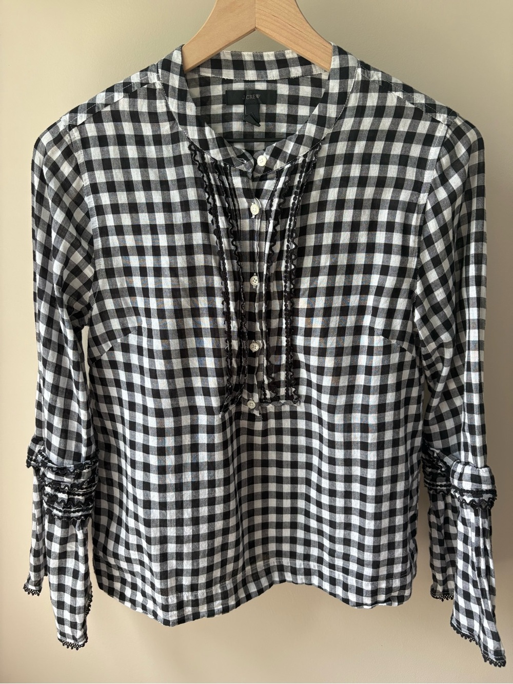 JCREW Black & White Gingham Ruffle-Trim Popover Top Blouse Size 4